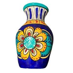 Latin Folk Art Pottery 8’ Terracotta Hand Painted Vase  8’ Vintage , flower